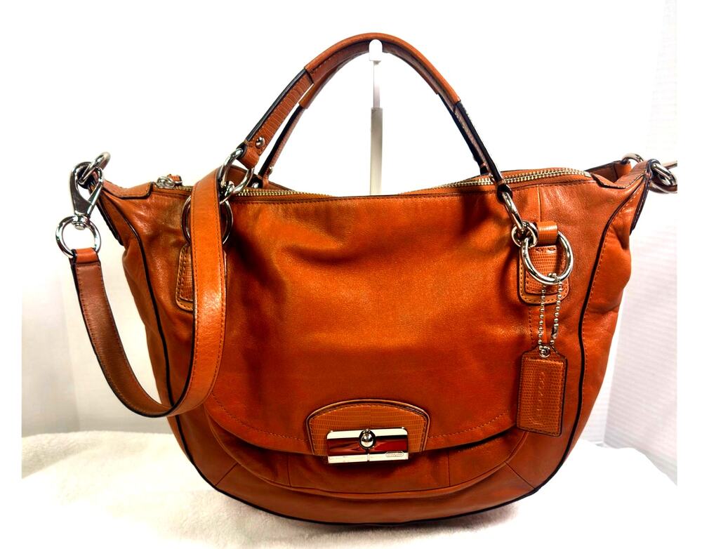 Coach Tan Leather Satchel Shoulder Bag Adjustable Strap Silver Hardware